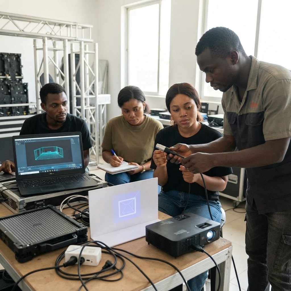 Small group learning around laptops and a projector in a studio