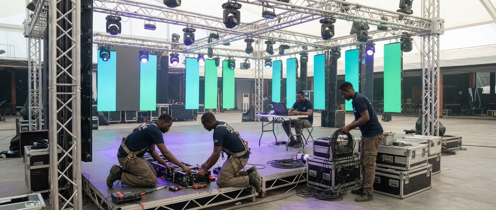 Crew building a truss rig with vertical LED panels and moving-head lights