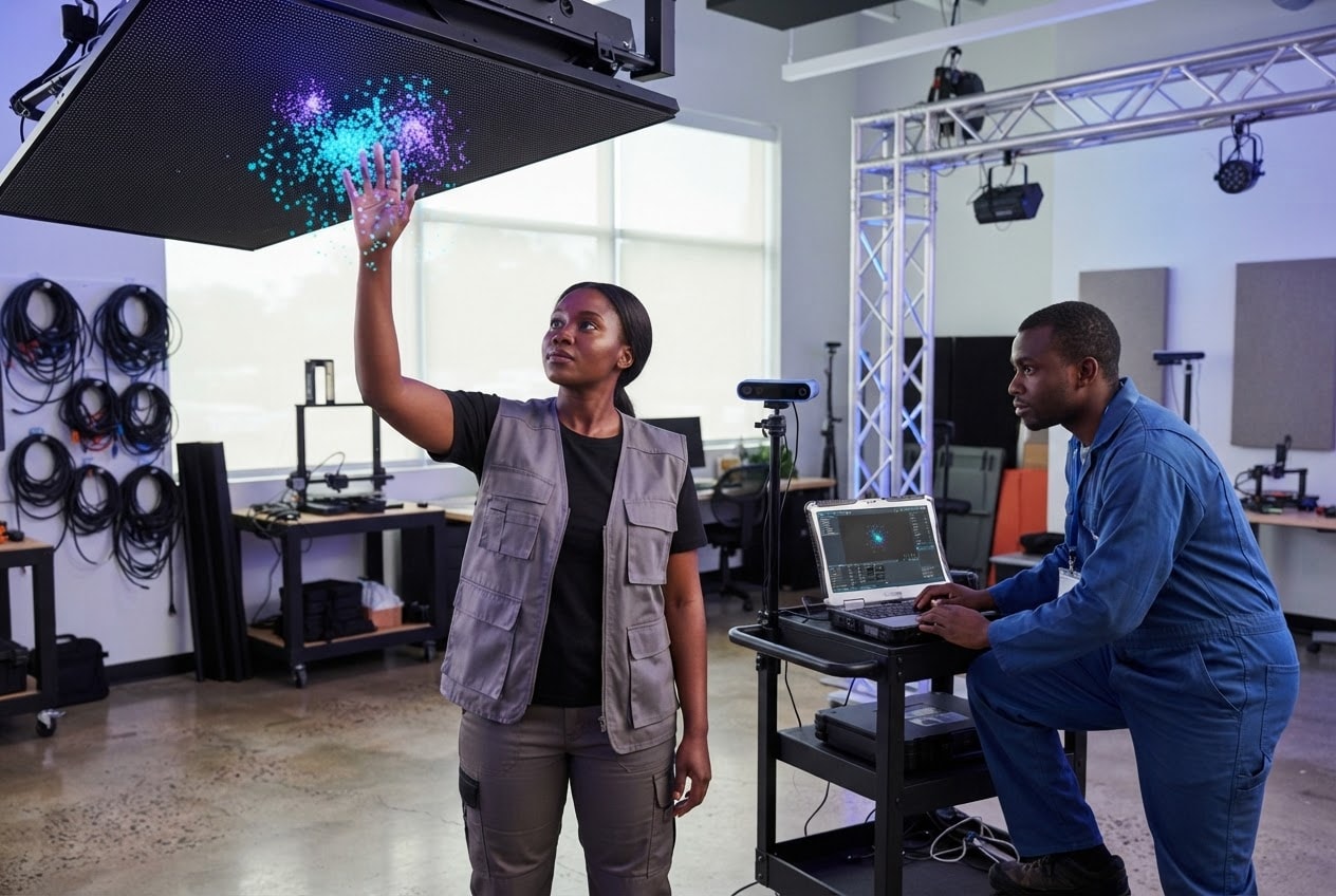 Person reaching toward responsive visuals while a colleague codes nearby