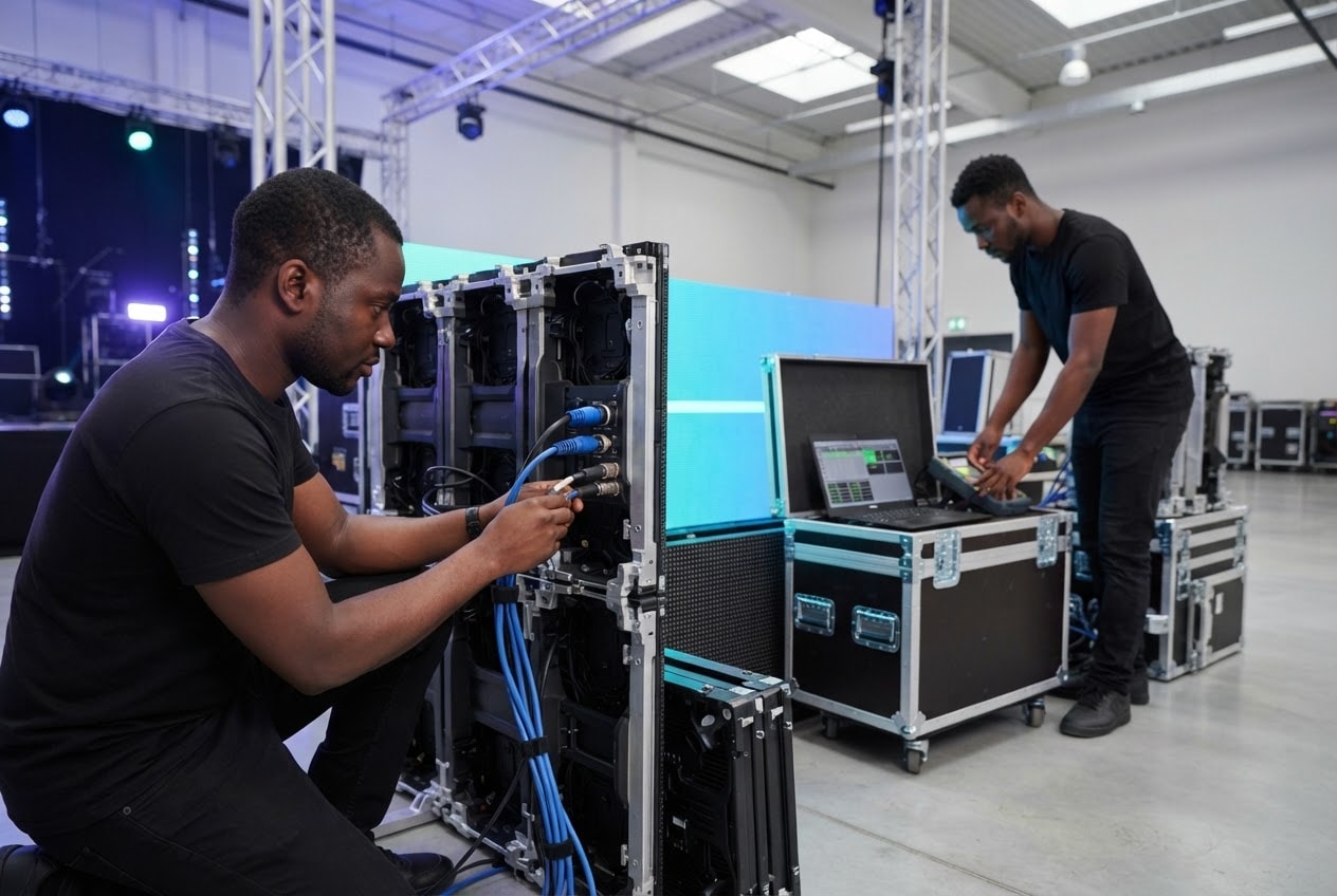 Technician cabling an LED processor rack beside a lit LED wall