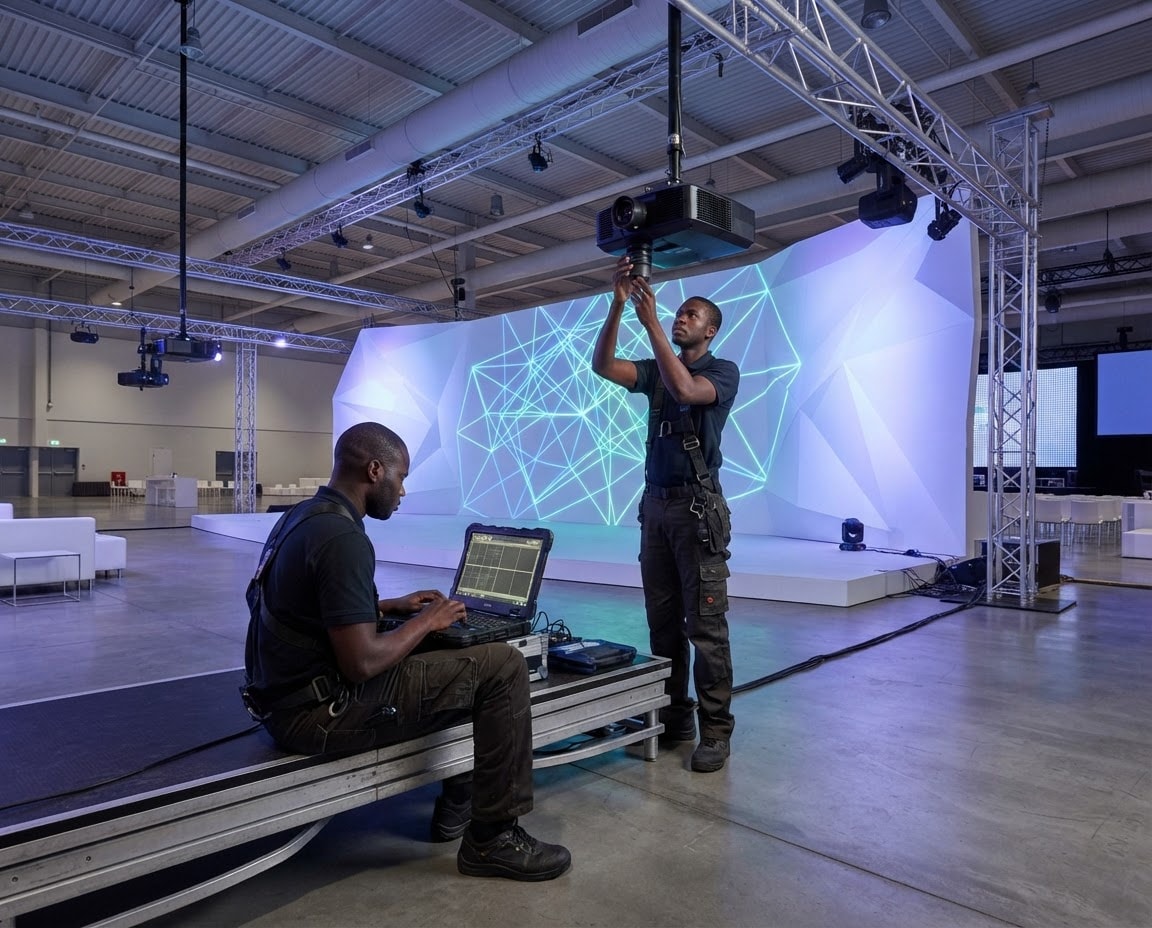 Crew preparing a projection-mapped performance on a dark stage